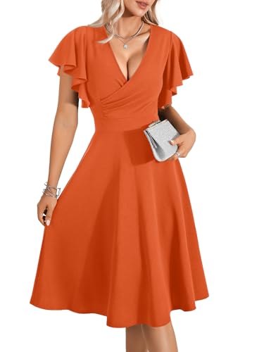 Image of LYANER Women's Warp V Neck Ruffle Short Sleeve A Line Swing Flared Cocktail Party Midi Dress