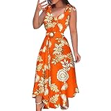 SHINEHUA Damen-Sommerkleid, UK-Kleid, lässig, V-Ausschnitt, hohle Ösen, plissiert, kurze Ärmel, lang, Sommerkleider, 2-rot, S