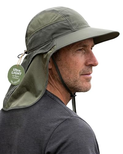 Hat Hut Chapeau de soleil ultraléger avec patte pour le cou, UPF 50+, bord large, respirant, pour la randonnée, la pêche, pour homme, vert militaire, Taille...