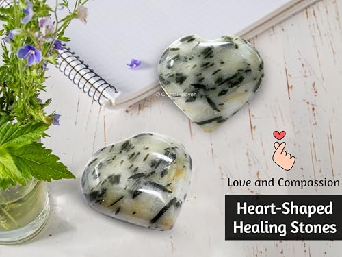 Image of Crystal Heaven Certified Green Tourmaline In Quartz Heart Palm Pebbles Stones Anxiety Stress Relief Massage - Aaa Grade Original Healing Gemstone Agate Heart Palm Stone Yoga Meditation Spiritual