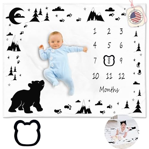 Image of KEMINA BLANKETS Bear Baby Milestone Blanket for Boys, Includes Felt Frame, 50x40
