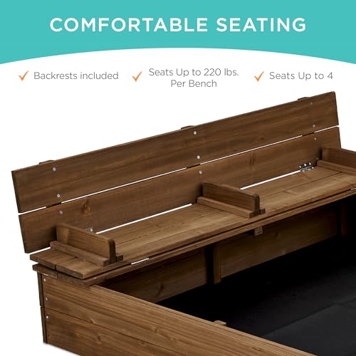Image of Best Choice Products Large Outdoor Wooden Sand Box for Kids, Sandbox with Cover, Bench Seats Support up to 220 lbs, Bottom Liner for Drainage, Cedar Wood - Walnut