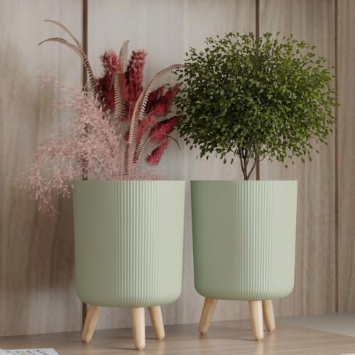 Image of StyleX Store Modern Flower Pot with Plastic Legs | Indoor Outdoor Planter for Home Garden Balcony Decor Ribbed Design Sturdy Plastic Mid-Century Style (saga Green Pack of 2)
