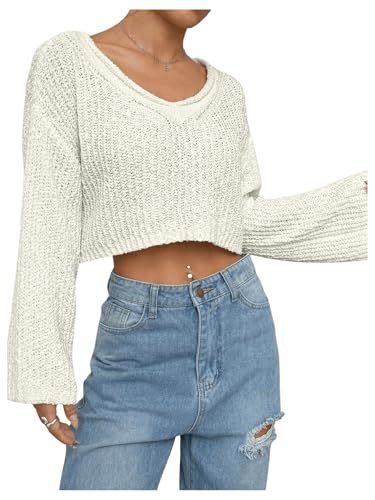 SweatyRocks Women's Casual V Neck Off Shoulder Crochet Sweater Long Sleeve Pullover Loose Tops