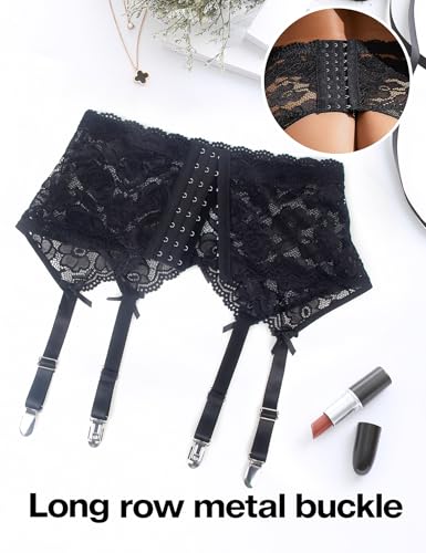 ohyeahlady Women Thigh Highs Stocking for Garter Belt Sexy Mesh Lace Plus Size Suspender with 4 Straps Metal Clips (Black01 M-L)