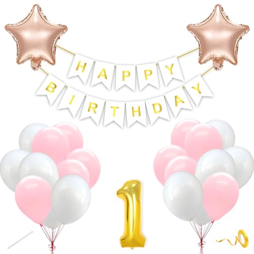 Image of Flyloons 1st Happy Birthday Decoration Kit Pink White for Baby Boys Girls Kids Twins With 20 Pcs Pastel Balloons Birthday Banner 2 Pcs Star Items Set