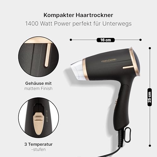 ProfiCare® Haartrockner klappbar | Hair Dryer 1400W | platzsparend mit Klappgriff | kompakter Airstyler | 2 Stufen | Kaltstufe für Style-Fix | Überhitzungsschutz | PC-HT 3009 braun