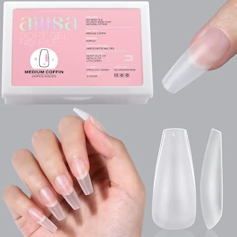 AILLSA Medium Coffin Nails Tips - Matte Full Cover Soft Gel Nail Tips No Filed,Acrylic Clear Fake 240Pcs Press On Nail Tips for Soak Off Nail Extension 10 Sizes Cover