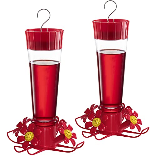 Hummingbird Feeder 10 Oz. [Set Of 2] Glass Hummingbird Feeders For Outdoors, With Built-In Ant Guard - Circular Perch With 5 Feeding Ports - Wide Mouth For Easy Filling/2 Part Base For Easy Cleaning #TOP13