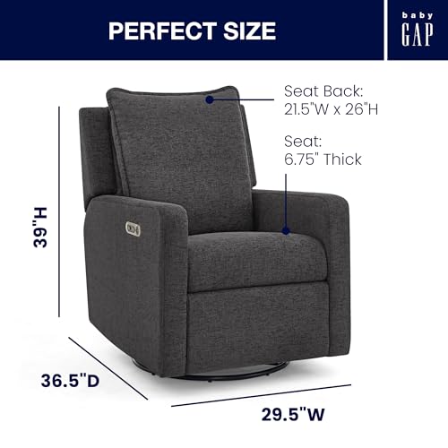 Image of babyGap Harlowe Power Recliner with USB-A and Type-C Ports by Delta Children - Greenguard Gold Certified - Stain-Resistant Performance Fabric is Oeko-TEX Standard 100 Certified, Charcoal
