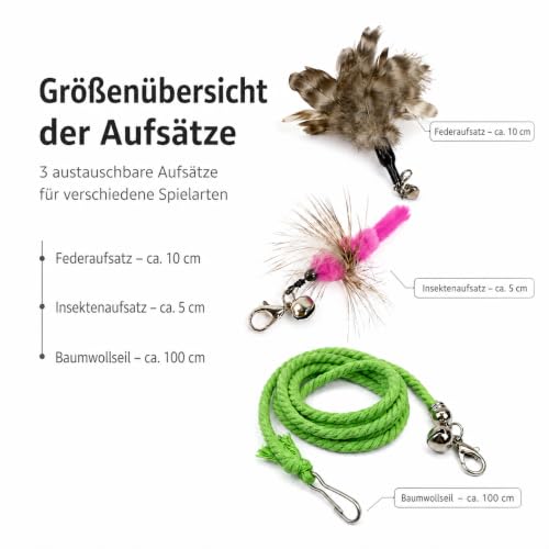 Katzenangel Set mit Edelstahl Teleskopstab und 3 Anhängern - Flexible Katzenangel mit Feder, Insektenspielzeug und Baumwollseil - Interaktives Katzenspielzeug für Wohnungskatzen – Bild 4