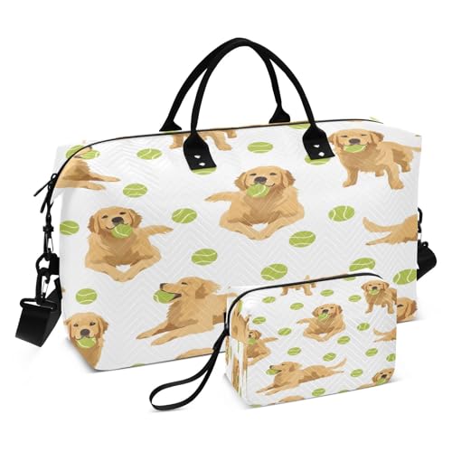 Travel Duffle Bag Weekender Bags Overnight Bag with Toiletry Bag Gym Duffel Bag Golden Retriever Tennis Ball for Travel Business Trips Sport
