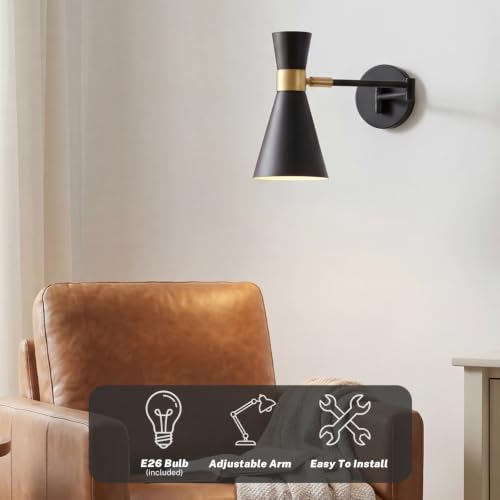 Image of OSYNNIQ Wall Sconce Light with Adjustable Swing Arm for Bedside Reading | Wall Lamp, Modern, Industrial, Lighting Fixture, Black, Hardwired, for Bedroom /Living Room /Indoor, E26 Bulb Included