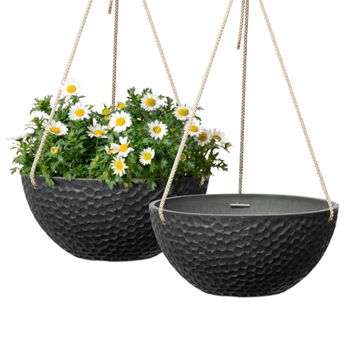 LA JOLIE MUSE Hanging Planters for Indoor Plants, Medium Hanging Planters with Drain Holes, Outdoor Hanging Flower Pots, Matte Black, Honeycomb (10 Inch, Set of 2)