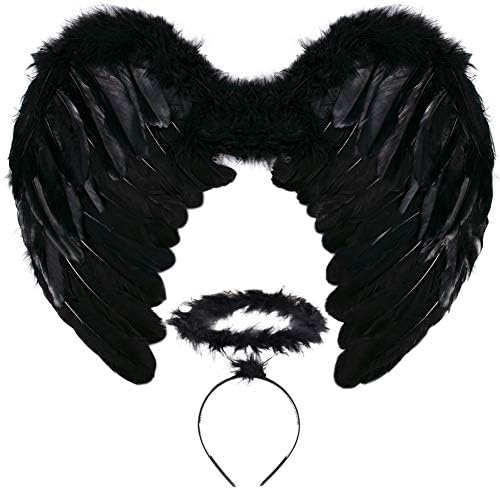 SEVADA Black Angel Wings and Halo, Dark Devil Angel Costumes for Kids Girls Child Teen, Fallen Feather Angel Wing for Boys Children