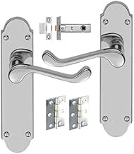 HANDLESTORE Shaped Scroll Door Handle Pack – Polished Chrome Lever on Backplate with 2.5" Tubular Latch & 3" Hinges