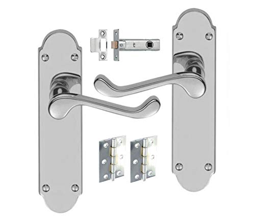 HANDLESTORE Shaped Scroll Door Handle Pack – Polished Chrome Lever on Backplate with 2.5 Tubular Latch & 3 Hinges