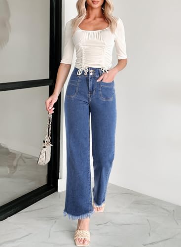 Astylish Womens Wide Leg Jeans High Waisted Double Button Stretchy Frayed Hem Straight Jean Loose Trendy Denim Pants4