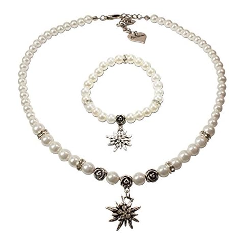 Alpenflüstern Trachtenschmuck-Set Perlen-Trachtenkette und Trachten-Armband Strass-Edelweiß - Damen-Trachten-Schmuck, Trachtenset Dirndl-Kette und Trachten-Armkette in creme-weiß SET023 Cover