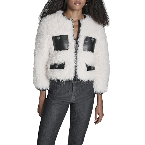 BCBG Women's Shearling Jacket With Faux Leather Trim, Cream, Medium