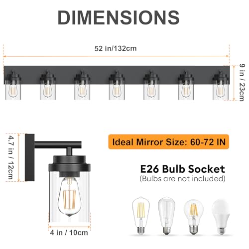 Image of IZORRO Bathroom Vanity Light Fixture, 7-Light 52 inch Matte Black Bathroom Light Fixtures Over Mirror, with Clear Glass Shade, Modern Farmhouse Vanity Lights, Rustic Restroom Lighting Fixtures