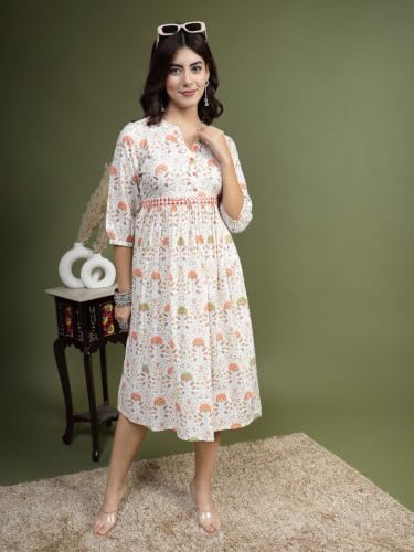 Image of Rama's Women's Printed Cotton One Piece Dress | V-Neck | 3 /4 Sleeves | Empire Waist | Knee Length Casual Dress for Women