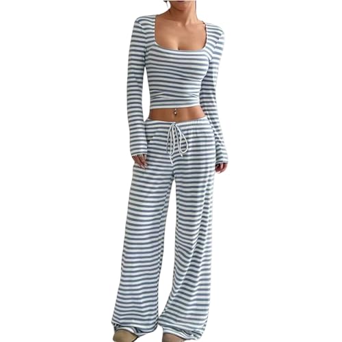 Womens Striped 2 Piece Sets Square Neck Top Cropped Tunic Wide Leg Pants Casual Lounge Sweatsuits Vacation Clothes