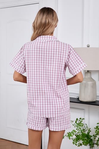 Image of LUBOT 100% Cotton Pajamas for Women 2 Piece PJ Set Poplin Woven Lightweight Ladies Button Short Sleeve Sleepwear S-XXL