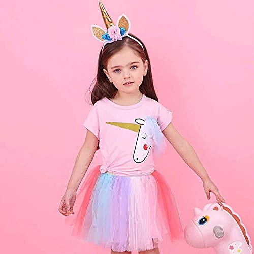 Image of Bold N Elegant Girls Unicorn T-Shirt Top & Rainbow Tutu Skirt Set | Cute Summer Outfit for Girls | Soft Cotton Top with Multicolor Net Skirt