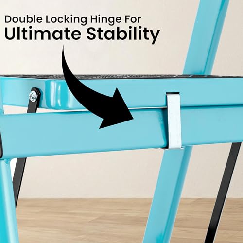 Image of Teal Blue 4 Step Ladder for Home Use with Built-in Tool Tray | Heavy Duty D Shape Rods | Ultra Large Platform | Wide Rubber Feet | 150Kg Capacity Foldable Ladder - 7 Years Warranty
