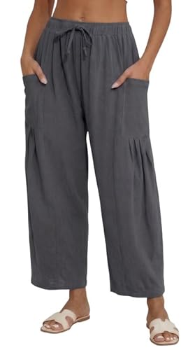 Marvmys Women's Linen Wide Leg Pants Lightweight Summer Beach Travel Vacation Trousers Dark Gray L