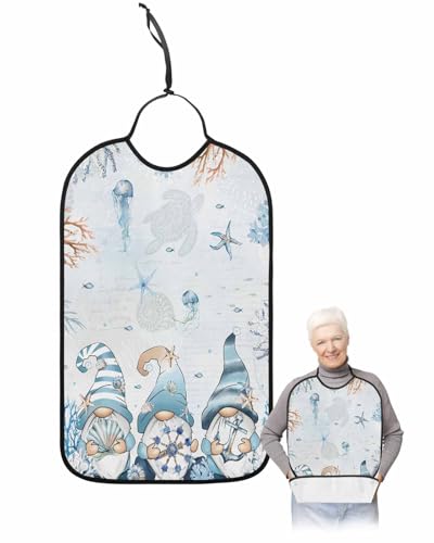 LEOKOTI Coastal Gnomes Adult Bibs for Eating, Waterproof Bibs with Food Catcher & Adjustable Snap Closure, Nautical Beach Starfish Coral Blue Washable Clothing Protectors Adult Bibs for Elderly