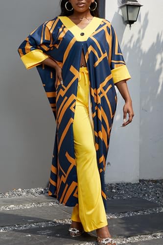 LROSEY Fall African 2 Piece Outfits Caftans for Women Floral V Neck Long Cardigan Cover Up Wide Leg Pants Sets Plus Size4