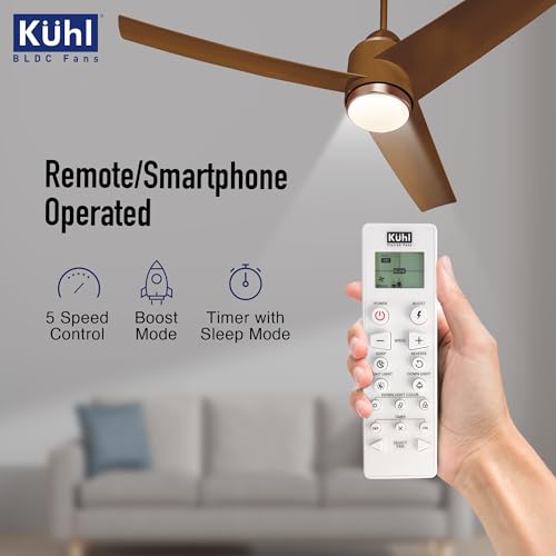 Image of KUHL Windzz K3 1320 mm 65% Power Saving BLDC Ceiling Fan | BEE 5 Star Rated & ISI Marked | High Air Flow | 5 Year Warranty on Motor | IoT - Operate via Mobile & Alexa | Brown | Free Installation