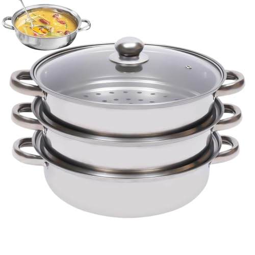 Vaporera De Acero Inoxidable - Juego De Tapa De Vidrio De 28 Cm | Vaporera De Cocina Apilable: Apta Para Inducción Para Verduras, Pescado, Marisco, Empanadillas, Sopas, El Día A Día Y Reunion