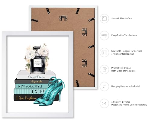 Image of Poster Master Fashion Print - Blue Designer Poster - Shoes & Perfume Art - Chic Gift for Her & Fashionista - Luxury Haute Couture Decor for Bedroom or Girl's Room - 8x10 White Framed