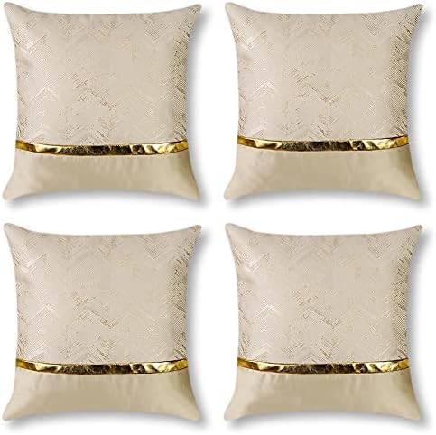 JOTOM Cushion Covers Gold Leather Stitching Wavy Striped Minimalist Pillowcase Luxury Cushion Cases Gold Stripe Leather for Bed Couch Car Outdoor Sofa Decor Throw Pillow Cover 45x45cm Set of 4 (Beige)
