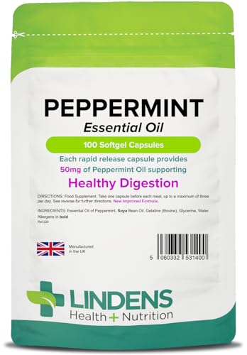 Lindens - Peppermint Oil 50mg Capsules - 100 Pack - UK Made - Essential Oil of Peppermint Supporting Healthy Digestion - Letterbox Friendly
