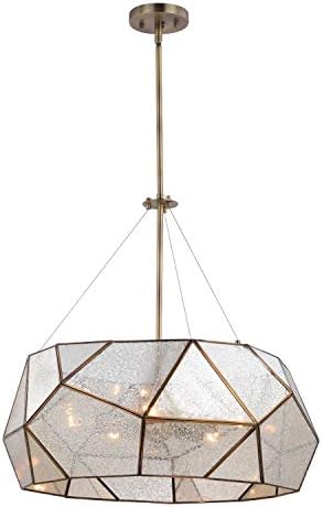 VAXCEL Euclid 5 Light Silver Mercury Glass Pendant Fixture, Aged Brass Finish, Dimmable Ceiling Mounted Lighting, Adjustable Height