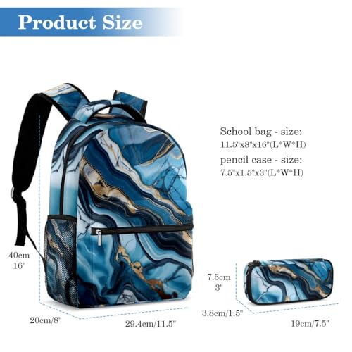 Sac à dos texture marbre bleu design graphique multicolore avec trousse - 2