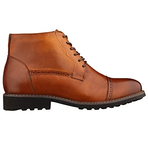 Image of CALTO Men's Invisible Height Increasing Elevator Shoes - Brown Leather Lace-up Cap-toe Boots with Inner Faux Fur - 3.2 Inches Taller - Y41085 - Size 7 D(M) US