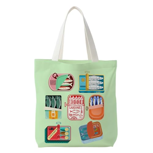 NATSUNO Canned Sardines Tote Bag,Fish Gifts for Women,Western Tote Bags for Women,Reusable Grocery Bags,Sardine Lover Gifts(Green)