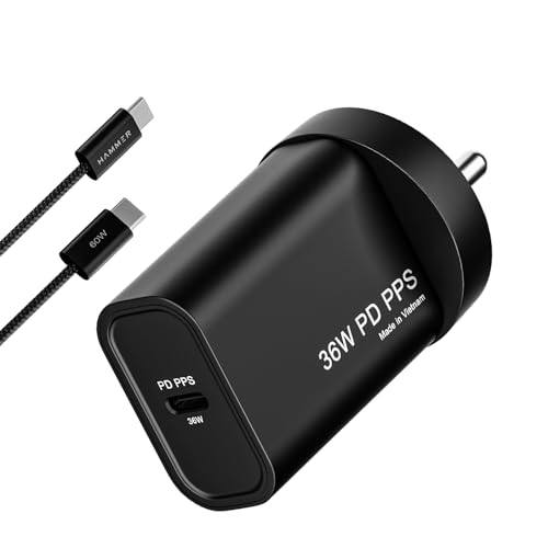 Image of Hammer 36W Fast GaN Charger, iPhone 0 to 50% in 30mins, Compatible with iPhone 17,16, 15, 14, 13, 12, Samsung Mobiles & Laptop, FCC /CE Certified, 2 Yr Warranty, with C to C Cable (Black)