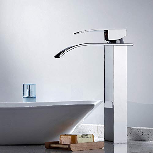 Bathroom Vessel Faucet Tall Waterfall Faucet With Wide Single Handle, Vessel Sink Bathroom Faucet With Large Rectangular Spout And Supply Hoses (Chrome) #TOP1