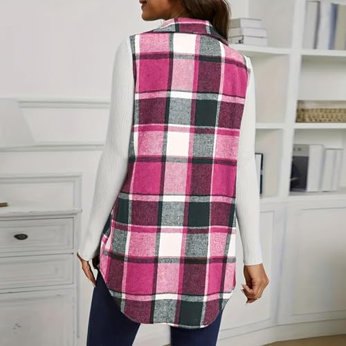Plaid Vest for Women Sleeveless Button Down Long Cardigan Coat Casual Lapel Curved Hems Shackets Winter Cute Jackets3