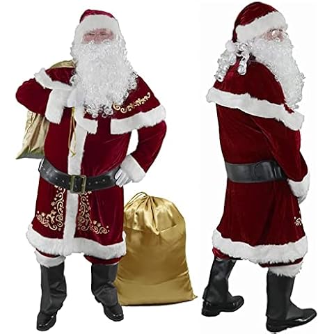 Christmas Santa Claus Suit Adult Men Luxury Deluxe Velvet Cosplay Costume Outfit Fancy Dress Father Christmas Professional Fancy Clothes Set 12 pcs,L Cover