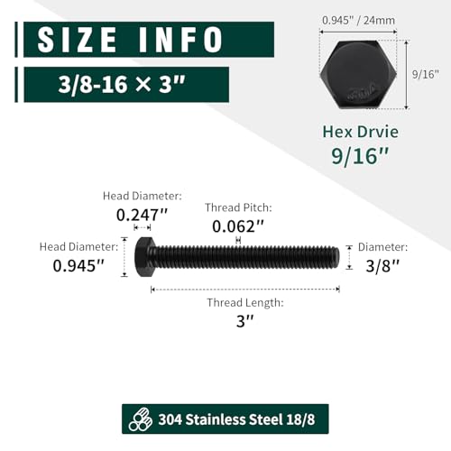 Image of 3 /8-16 x 3 Hex Head Bolts Black, 304 Stainless Steel 18-8 Hexagon Head Screws Bolts, Black Oxide Finish, Allen Hex Drive, 8 PCS