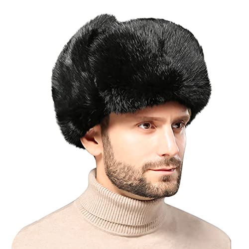 Unisex Winter Trapper Hat Faux Fur Russian Ushanka Hat Windproof Hunting Skiing Cap with Earflap Black