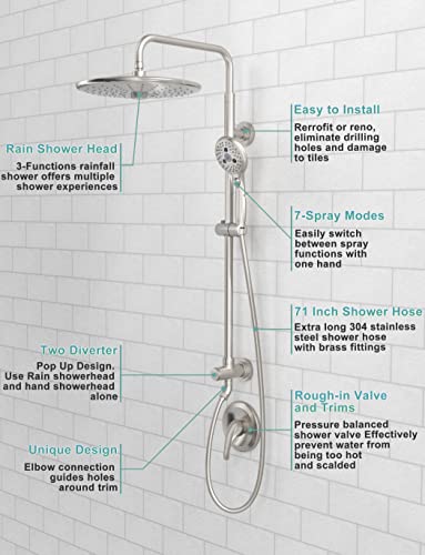 Image of SR SUN RISE 10 Inch Shower System Handheld Showerhead & Rain Shower Combo for Easy Reach 1.8 GPM Shower Faucets Sets Complete Shower Fixtures with Valve and Trim kit, Brushed Nickel