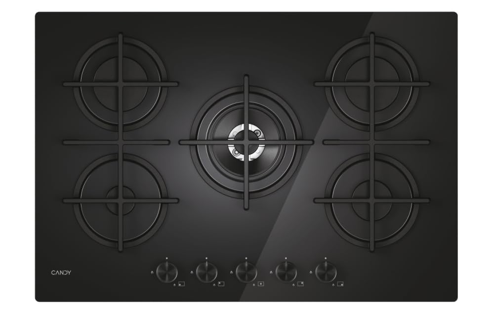 Candy Moderna Gas On Glass Piano Cottura a Gas 5 Fuochi, Vetro Temperato, Bruciatore a Doppia Corona, Griglie Lavabili in Lavastoviglie, AxLxP 0,8x74,5x51 cm, Nero - CVG74WTB